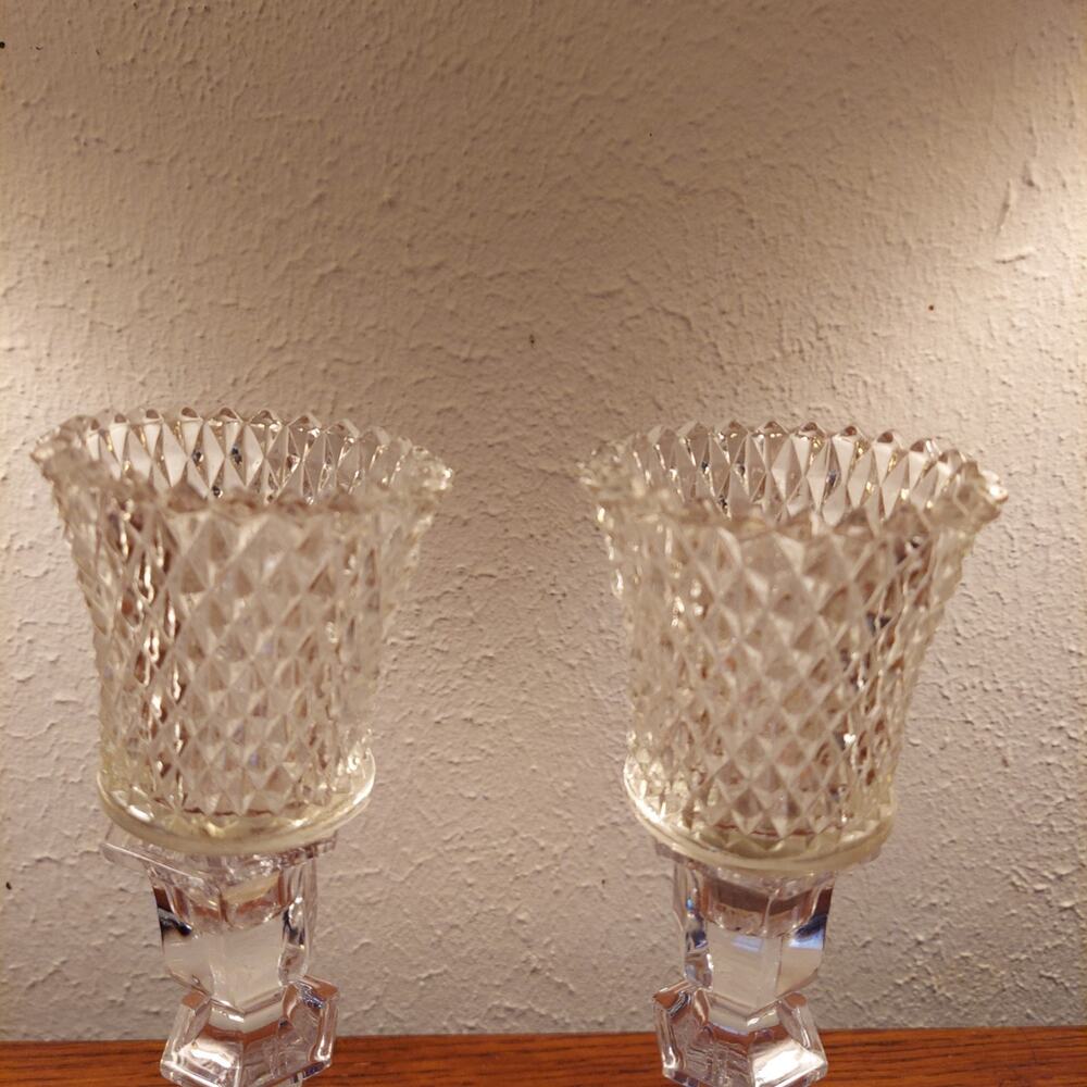 2 Vintage Diamond Point Clear Glass Peg Votive Candle Holder Homco W/gaskets